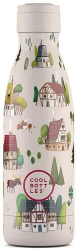 Garrafa térmica Cool Bottles Tudor Village 350ml, com tampa de rosca creme, padrão detalhado de casas e animais.