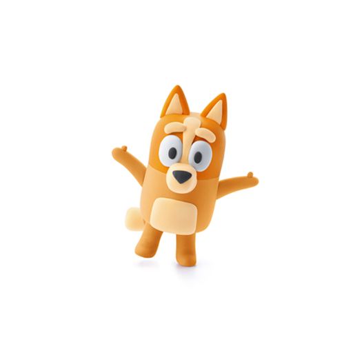 Figura detalhada da personagem Bingo da série Bluey, modelada com pasta HEY CLAY, em tons de laranja e creme, com os braços abertos.
