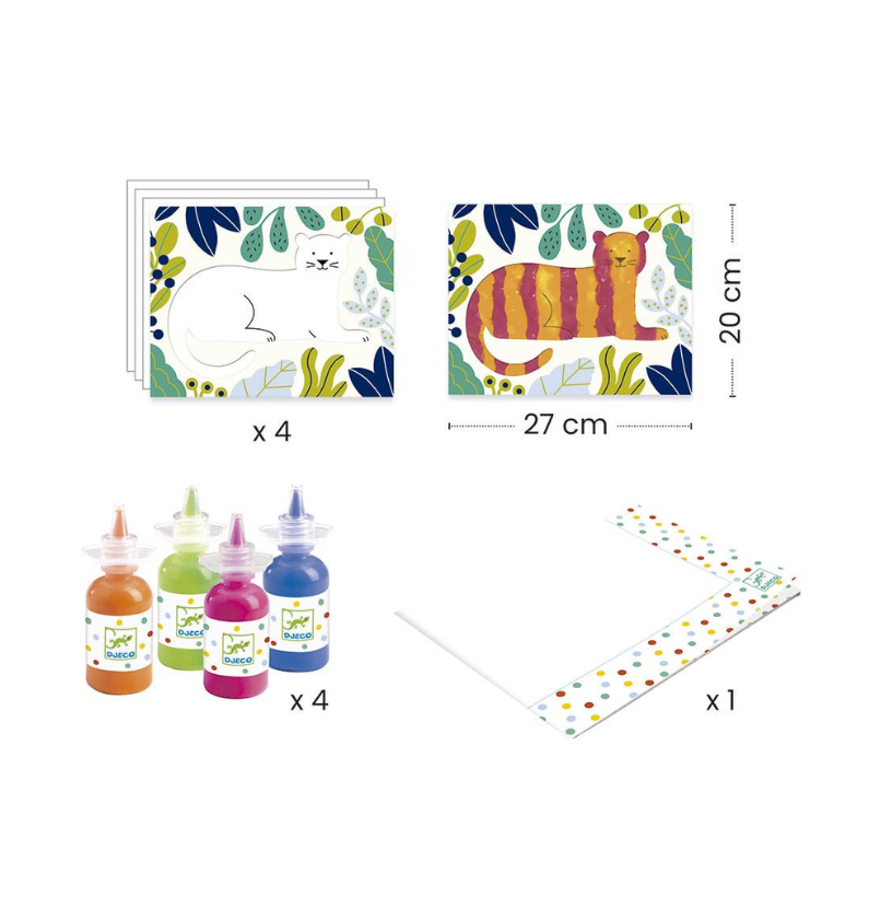 Detalhe dos componentes do kit Djeco Atividades c/ linhas: 4 cartões, 4 tintas, 1 capa plástica e uma espátula, com dimensões dos cartões.