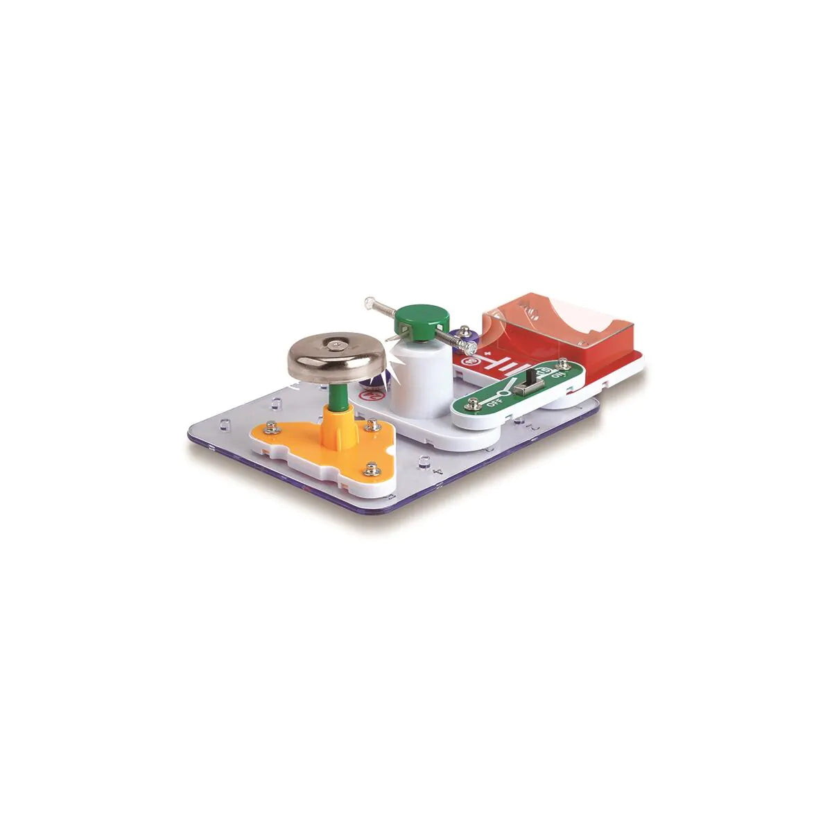 Kit Miniland Electrofun: ring a bell montado, mostrando a campainha metálica, base transparente, compartimento de bateria e componentes de circuito.
