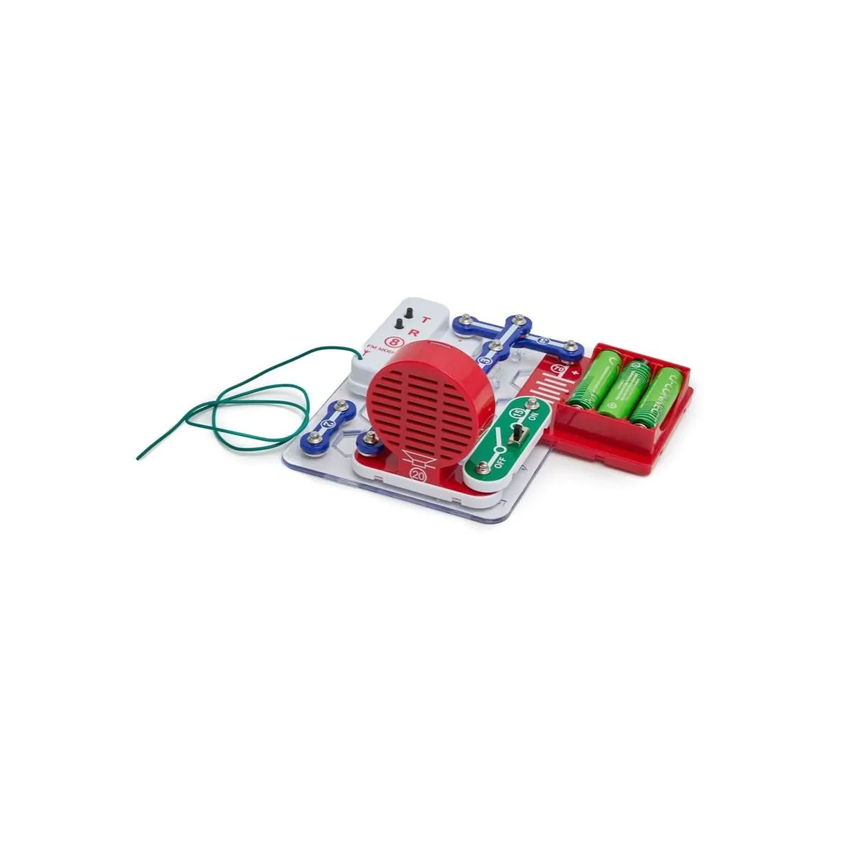 Kit Miniland Electrofun: Tune In Radio montado, mostrando os componentes eletrónicos, altifalante vermelho e compartimento para pilhas verdes, sobre fundo branco.