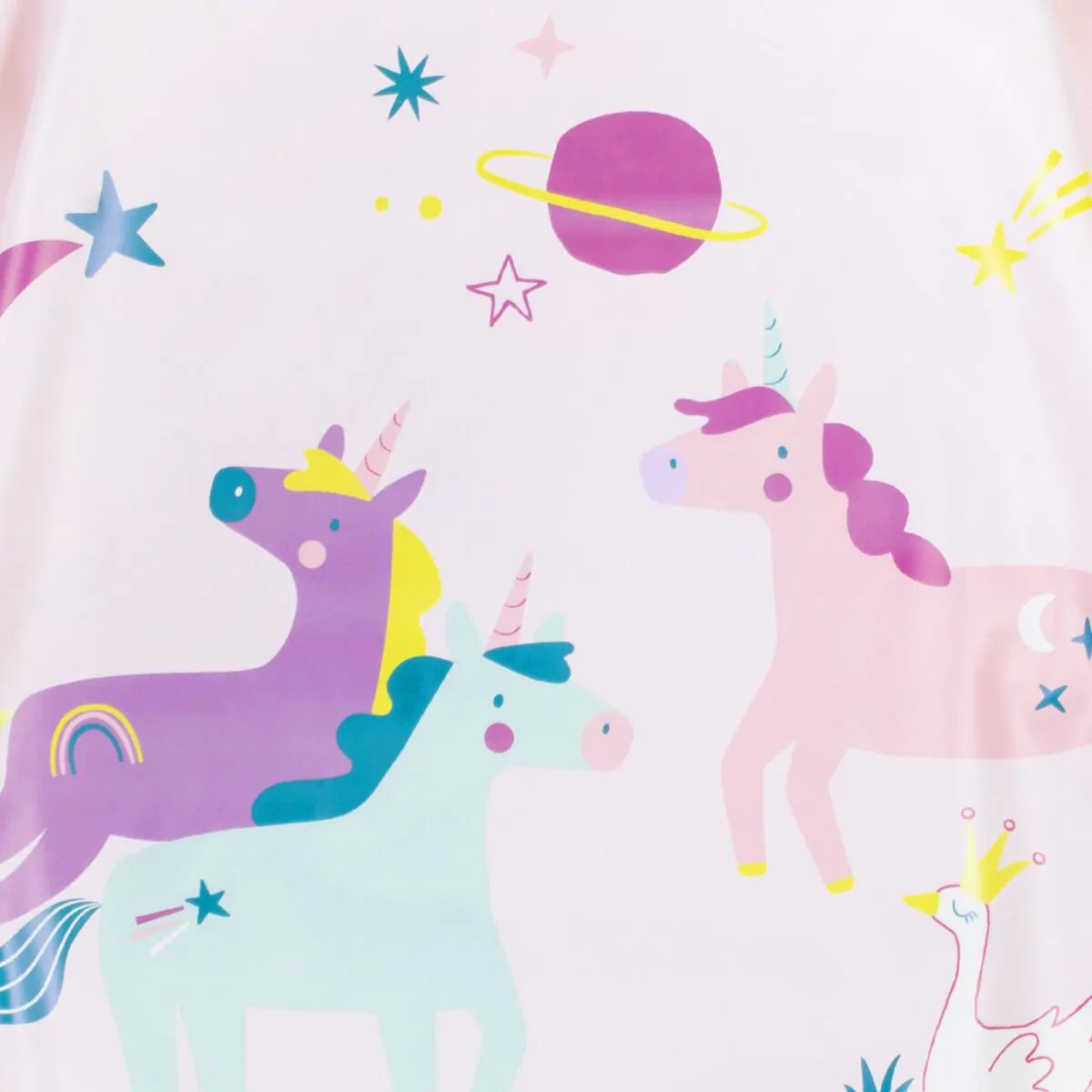 Detalhe aproximado do padrão de unicórnios, estrelas e planetas no babete Miniland, em tons pastel.