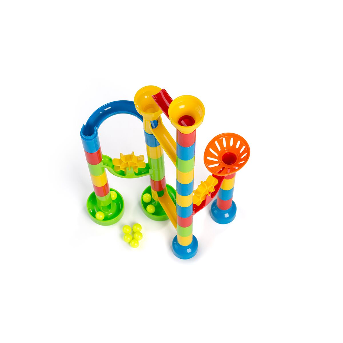 Um circuito de bolas Miniland Marble Run vibrante e colorido, montado, com bolas amarelas na base, sobre um fundo branco. Destaca a estrutura montada e as suas funcionalidades.