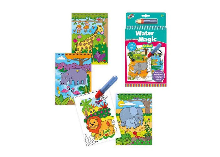 Vários livros Galt Water Magic com diferentes temas como Safari e Animais, mostrando a caneta de água a colorir uma página com um leão.