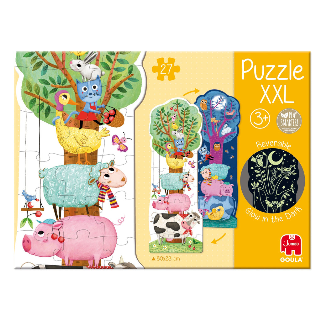 Frente da embalagem do Goula Puzzle XXL Quinta Dia e Noite, com a ilustração e a idade recomendada