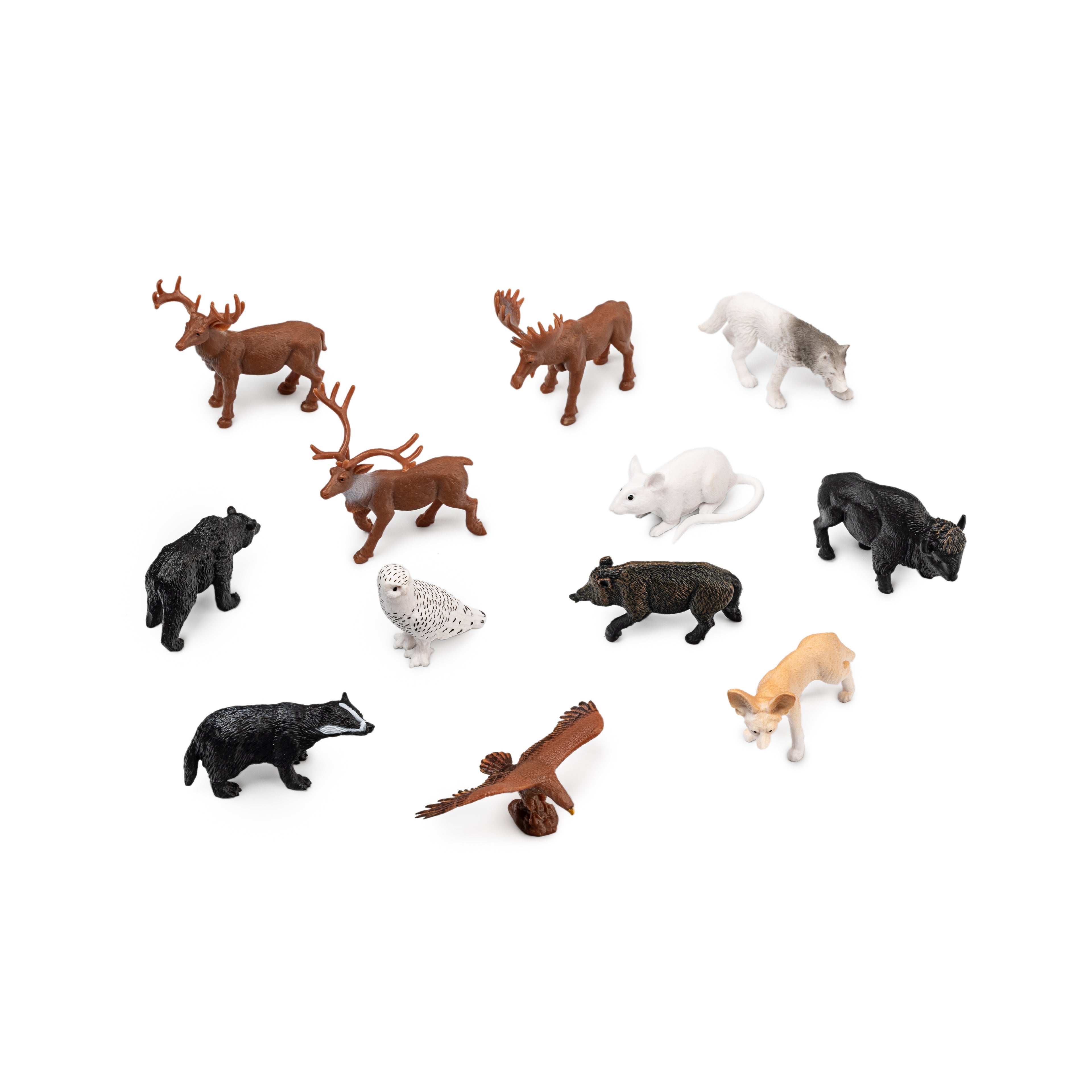 Vista aérea das 12 miniaturas de animais do bosque Mojo espalhadas sobre um fundo branco, destacando os detalhes de cada figura.