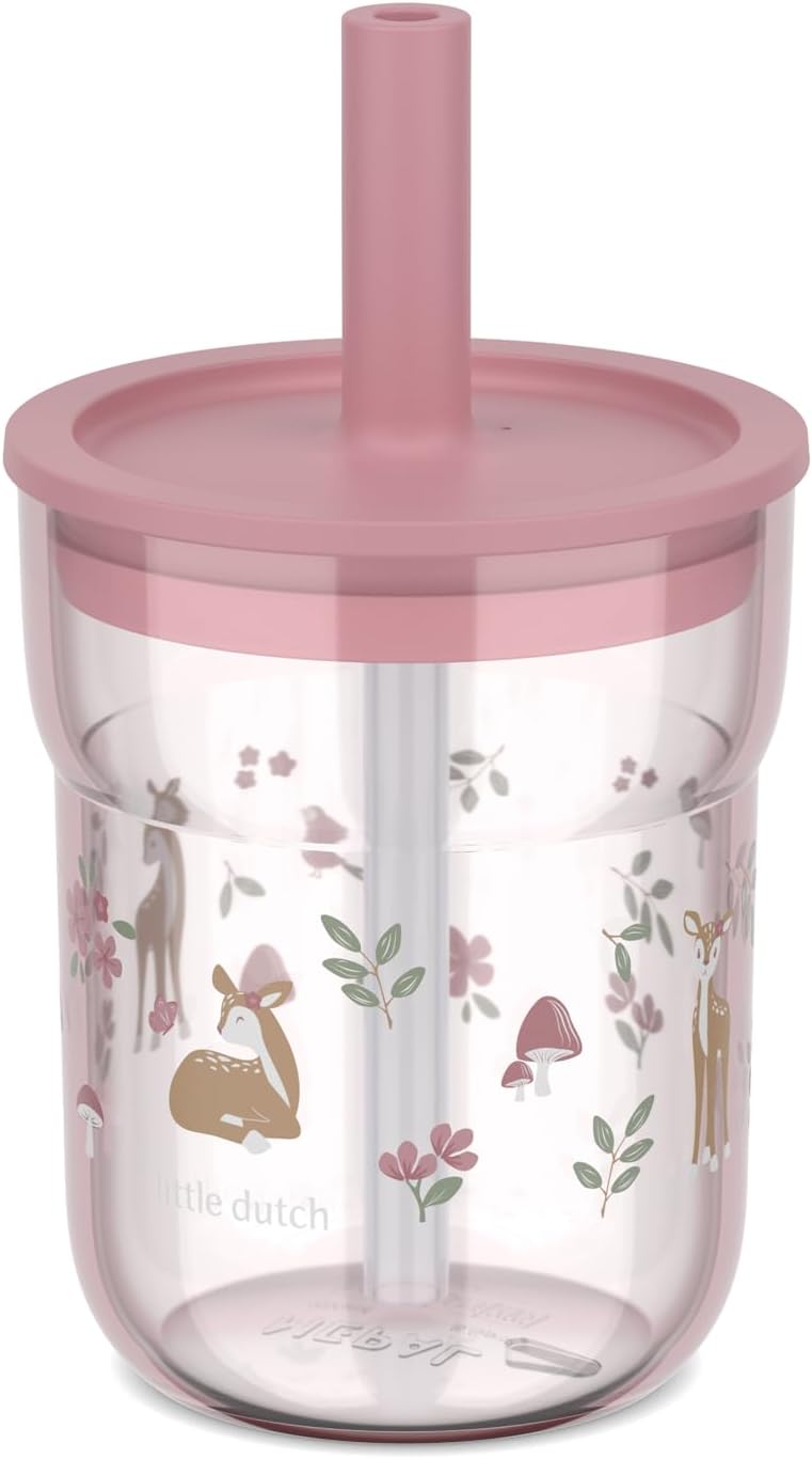 Copo Little Dutch Fairy Garden de 250ml com palhinha, exibindo ilustrações delicadas de veados, flores e cogumelos em tons de rosa e transparente.
