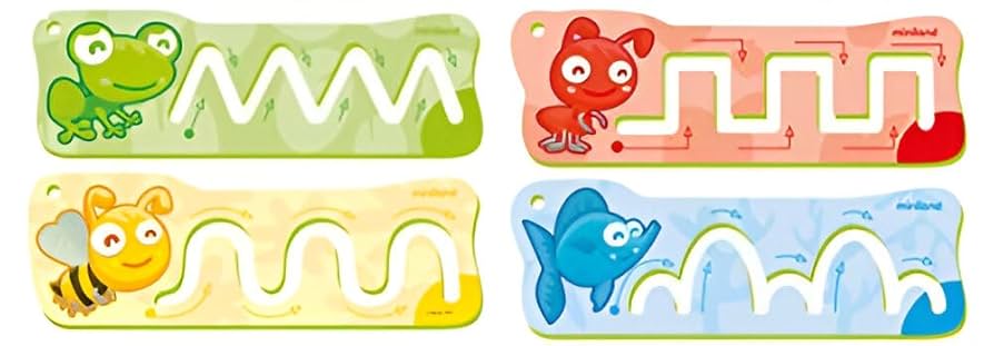 Quatro esquemas de pré-escrita Miniland com padrões de traçado diferentes e ilustrações de animais (sapo, criatura vermelha, abelha, peixe).