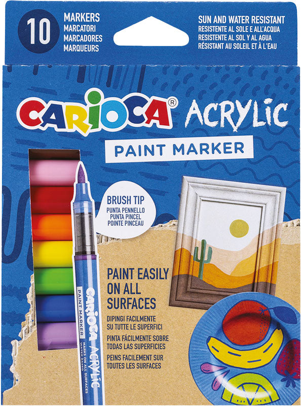 Embalagem de 10 marcadores acrílicos CARIOCA Paint Marker com ponta de pincel, mostrando a resistência ao sol e à água e a versatilidade em diversas superfícies.