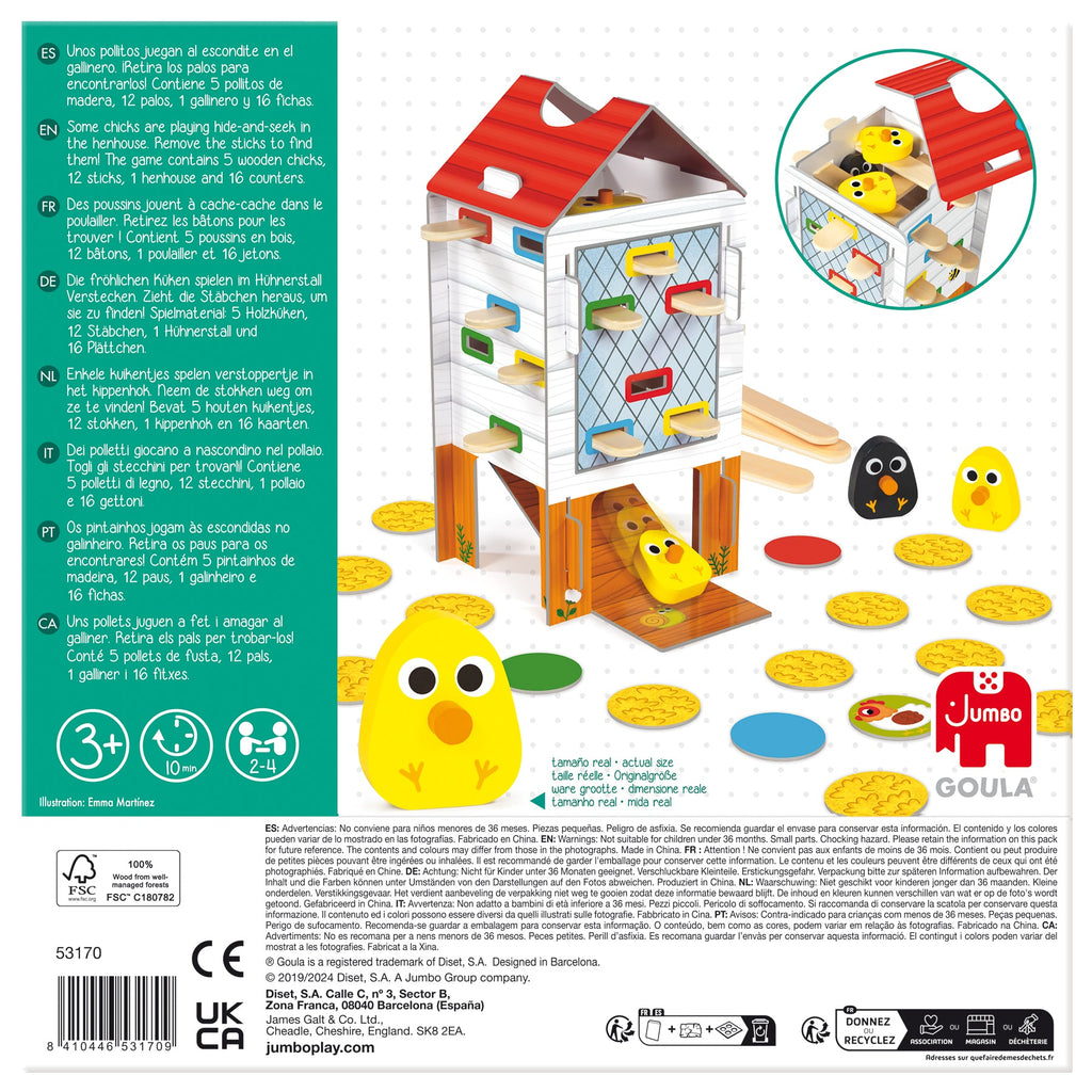 Verso da embalagem do Goula Jogo Happy Chicken, com a informação do fabricante