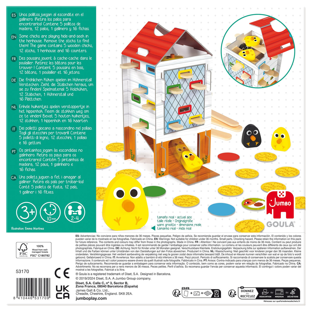 Verso da embalagem do Goula Jogo Happy Chicken, com a informação do fabricante