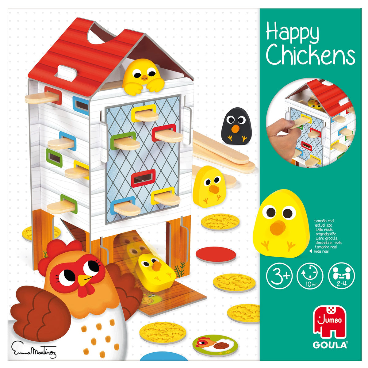 Frente da embalagem do Goula Jogo Happy Chicken, com a ilustração e a idade recomendada