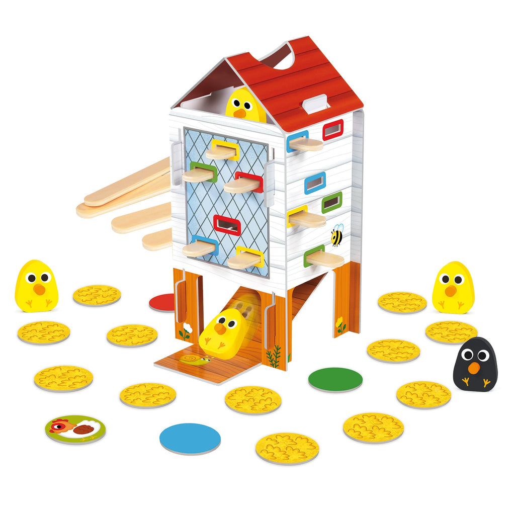 Goula Jogo Happy Chicken fora da caixa, com as peças montadas ou prontas a usar, vista 2
