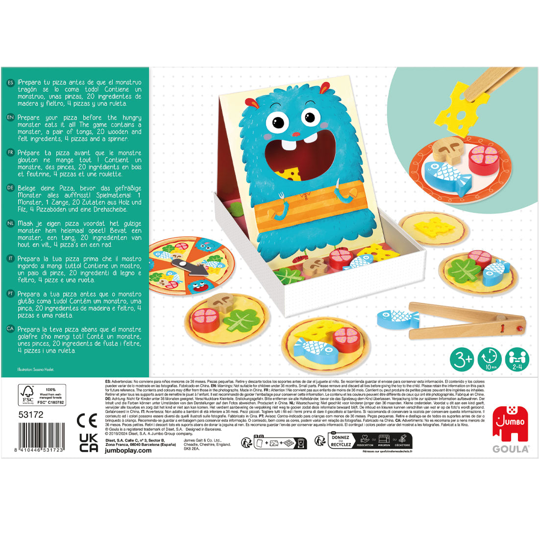 Verso da embalagem do Goula Jogo Hungry Monster, com a informação do fabricante
