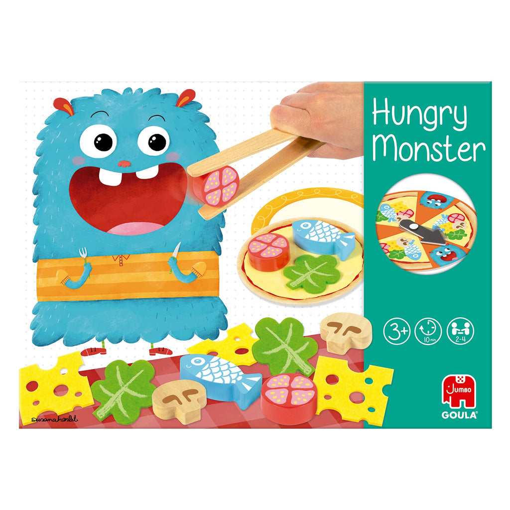Frente da embalagem do Goula Jogo Hungry Monster, com a ilustração e a idade recomendada
