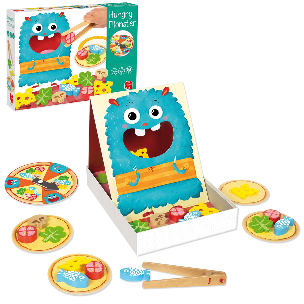 Conteúdo da caixa do Goula Jogo Hungry Monster, com todas as peças incluídas à vista