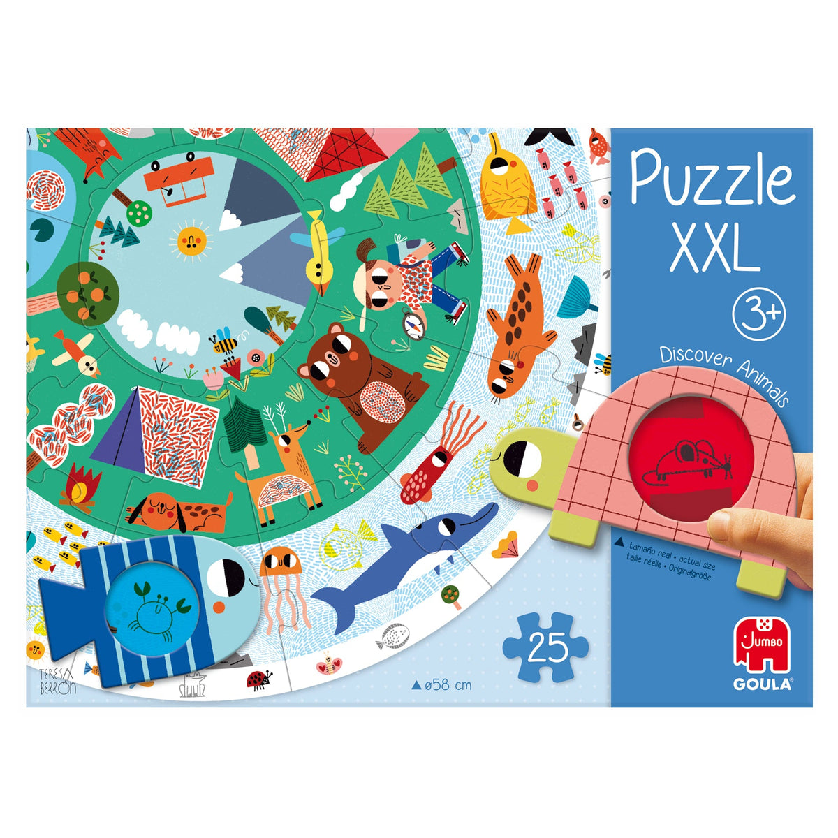 Frente da embalagem do Goula Puzzle XXL Descobrir os Animais, com a ilustração e a idade recomendada