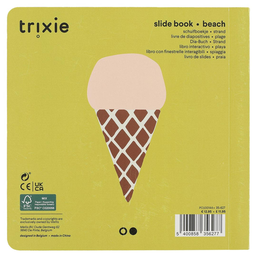 Verso do livro Trixie "slide book • beach", com o logótipo Trixie e uma ilustração de um gelado de cone.