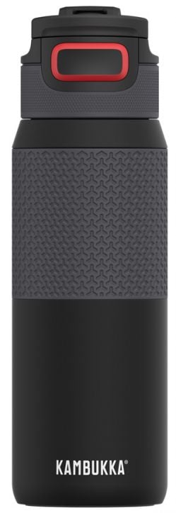 Garrafa térmica Kambukka ELTON Nightfall 750ml preta com banda texturizada cinzenta, vista frontal, destacando o logótipo Kambukka na base.