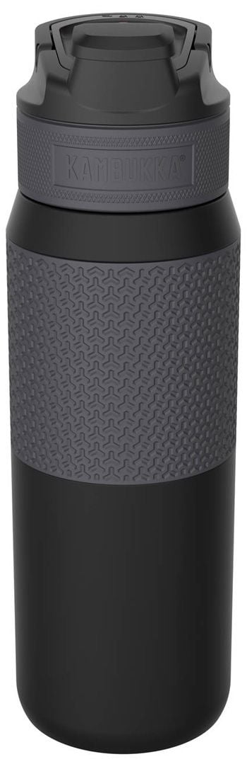 Garrafa térmica Kambukka ELTON Nightfall 750ml preta com banda texturizada cinzenta, vista ligeiramente angular, mostrando a forma ergonómica e o design.