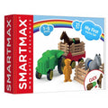 Caixa do SmartMax My First Trator Set com o trator verde, reboque vermelho, agricultor e cavalos, destacando a idade 1.5-5 anos e 21 peças.