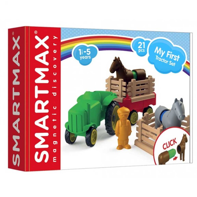 Caixa do SmartMax My First Trator Set com o trator verde, reboque vermelho, agricultor e cavalos, destacando a idade 1.5-5 anos e 21 peças.