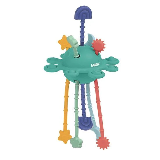Ludi Brinquedo de puxar - estimulação em forma de polvo verde-água com tentáculos de silicone coloridos e texturizados.