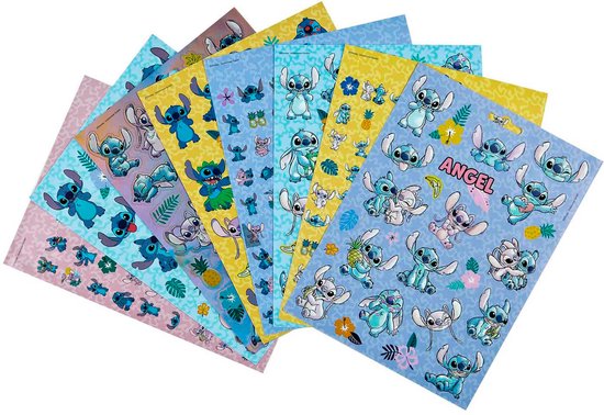 Conjunto de 8 folhas autocolantes Creative Craft Stitch, fanned out, com vários designs do Stitch e Angel, elementos tropicais, em diferentes fundos coloridos.