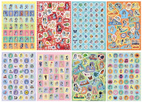 Oito folhas detalhadas de autocolantes Bluey e família, com temas variados e acabamento com glitter, ideais para colecionar e decorar.