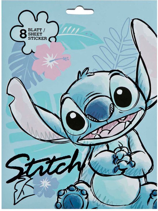 Embalagem das Creative Craft Folhas autocolantes Stitch, mostrando o personagem Stitch a acenar e o texto "8 BLATT / SHEET STICKER" sobre um fundo azul com folhas e flores tropicais.