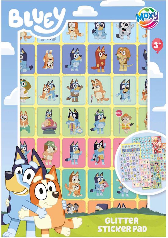 Embalagem frontal do conjunto de Autocolantes Bluey com glitter da Totum, destacando a idade recomendada (+3) e a variedade de personagens.