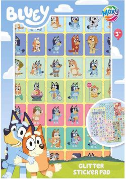Embalagem frontal do conjunto de Autocolantes Bluey com glitter da Totum, destacando a idade recomendada (+3) e a variedade de personagens.