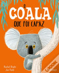 Capa do livro infantil "O Coala que foi capaz" com um coala cinzento agarrado a um tronco de árvore sobre um fundo laranja vivo.
