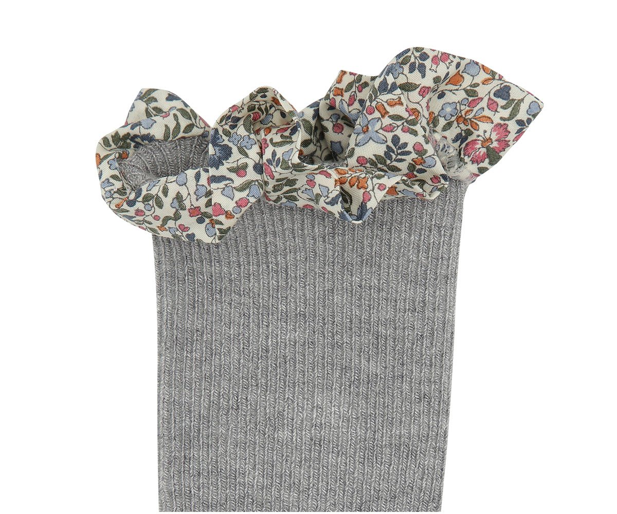 Meias antiderrapantes GoBabyGo em bambu com folho de estampado floral Liberty, cor cinzento mesclado