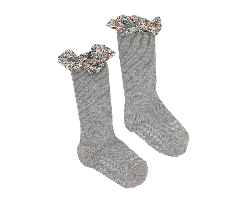 Meias antiderrapantes GoBabyGo em bambu com folho de estampado floral Liberty, cor cinzento mesclado
