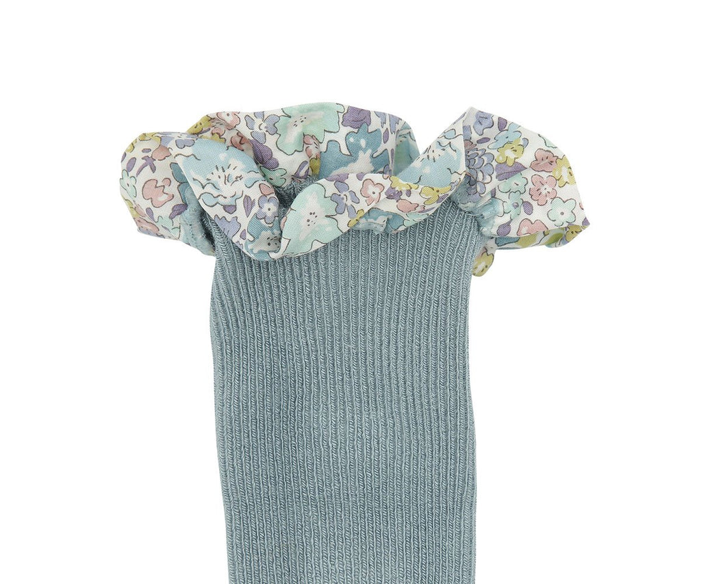 Meias antiderrapantes GoBabyGo em bambu com folho de estampado floral Liberty, cor azul acinzentado