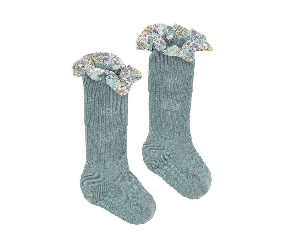 Meias antiderrapantes GoBabyGo em bambu com folho de estampado floral Liberty, cor azul acinzentado