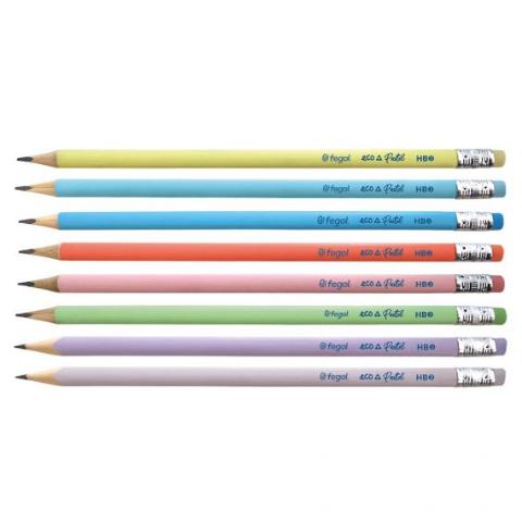 Conjunto de oito lápis de grafite Fegol em cores pastel suaves, com borrachas na extremidade, alinhados horizontalmente.