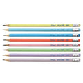 Conjunto de oito lápis de grafite Fegol em cores pastel suaves, com borrachas na extremidade, alinhados horizontalmente.