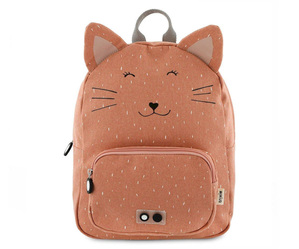 Mochila infantil da Trixie com design de gato em tom terracota salpicado de branco, com orelhas e fecho frontal.
