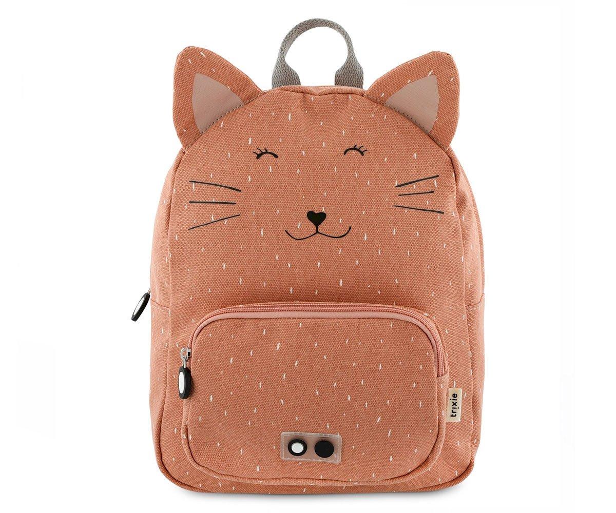 Mochila infantil da Trixie com design de gato em tom terracota salpicado de branco, com orelhas e fecho frontal.