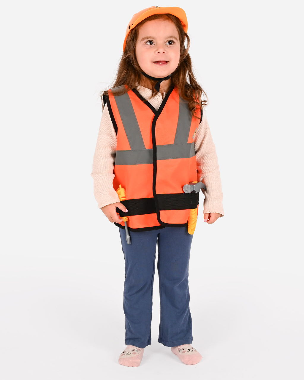 Colete de obras cor de laranja com capacete, martelo e escopro da Den Goda Fen, disfarce para criança