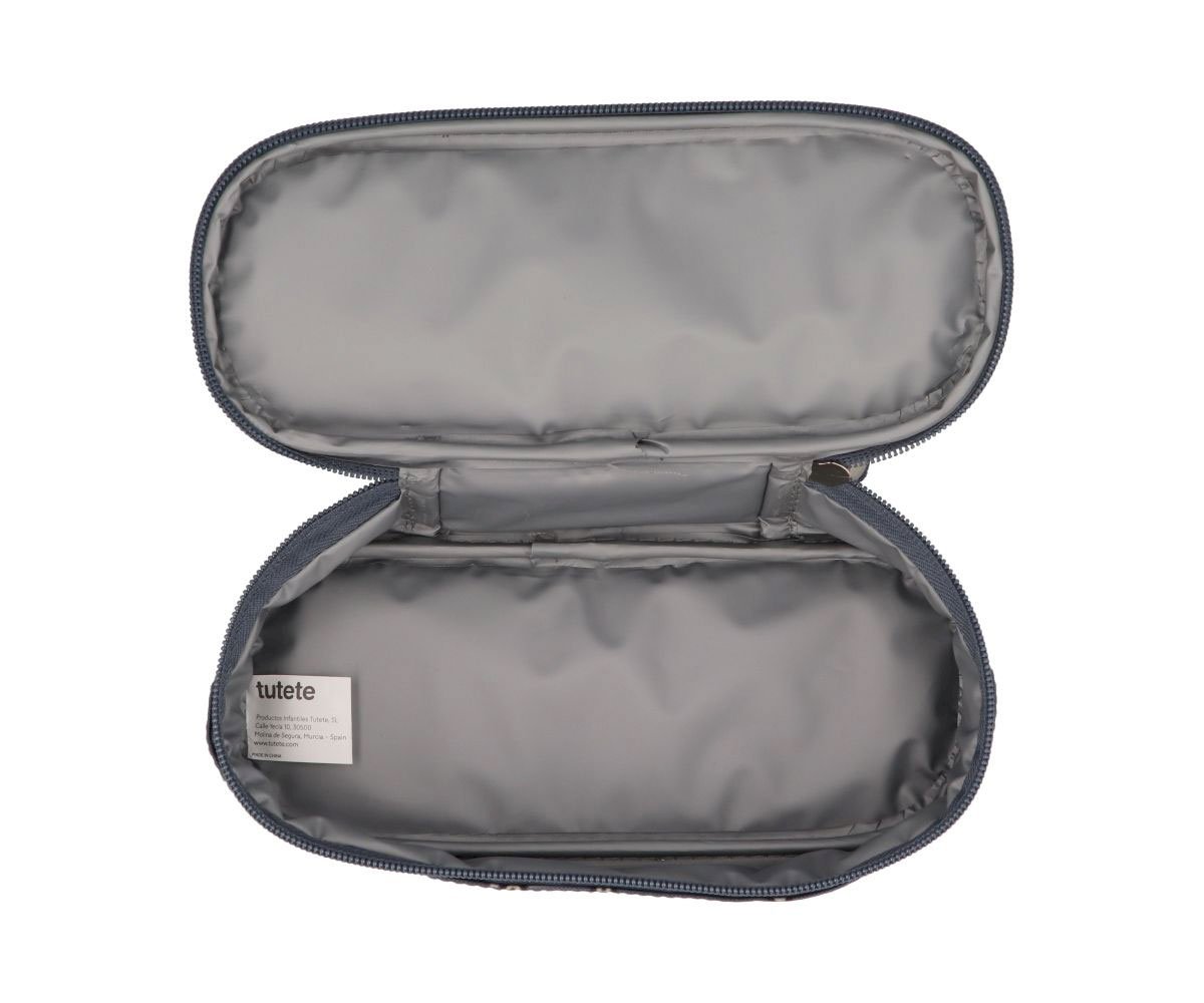 Lancheira térmica pequena Tutete Skater Dog aberta, mostrando o interior cinzento com revestimento térmico e a etiqueta da marca.