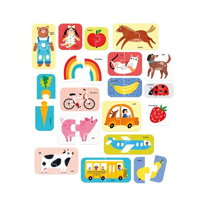 Todos os 18 puzzles de duas peças do Banana Panda First Words montados, exibindo ilustrações coloridas de animais, frutas e veículos.