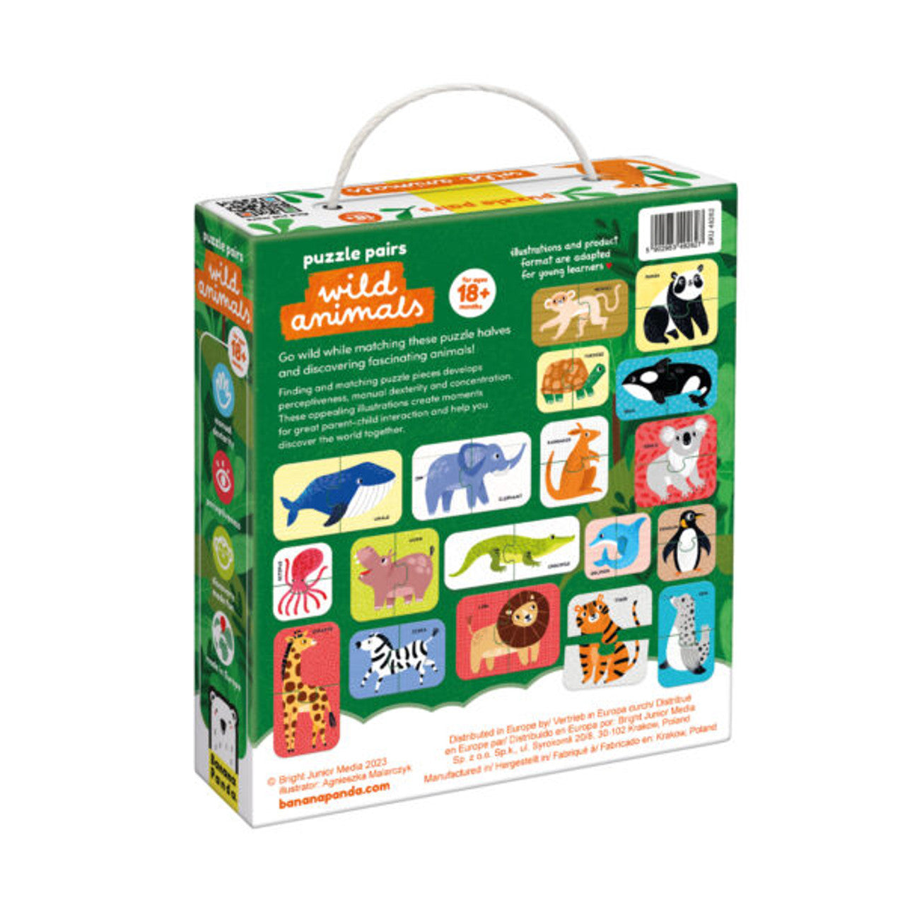 Vista traseira da caixa do puzzle Banana Panda Puzzle Pairs - Animais Selvagens, com mais ilustrações e detalhes sobre os benefícios do produto.