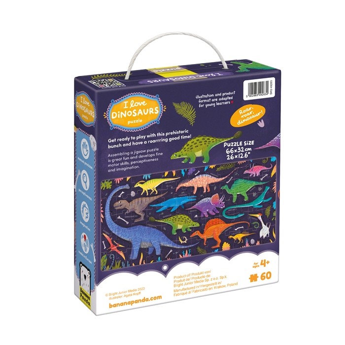 Caixa do puzzle Banana Panda I Love Dinosaurs vista em ângulo, mostrando a ilustração completa do puzzle e informações de idade (4+).