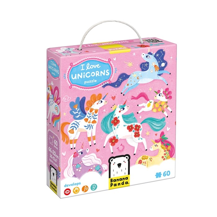 Caixa do Banana Panda Puzzle I Love Unicorns, com design vibrante de unicórnios e detalhes do produto.