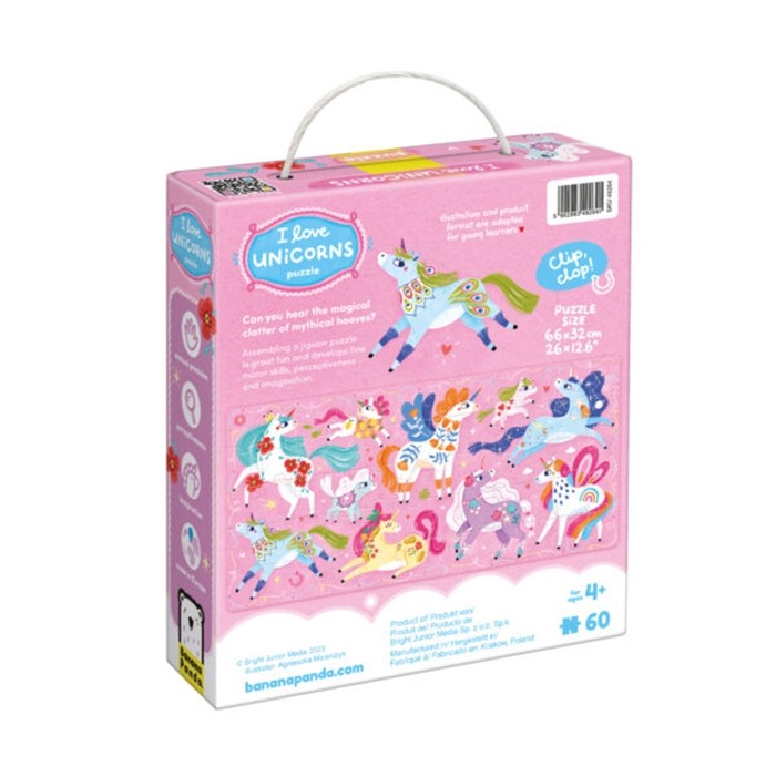 Verso da caixa do Banana Panda Puzzle I Love Unicorns, com imagem do puzzle montado, dimensões e idade recomendada.
