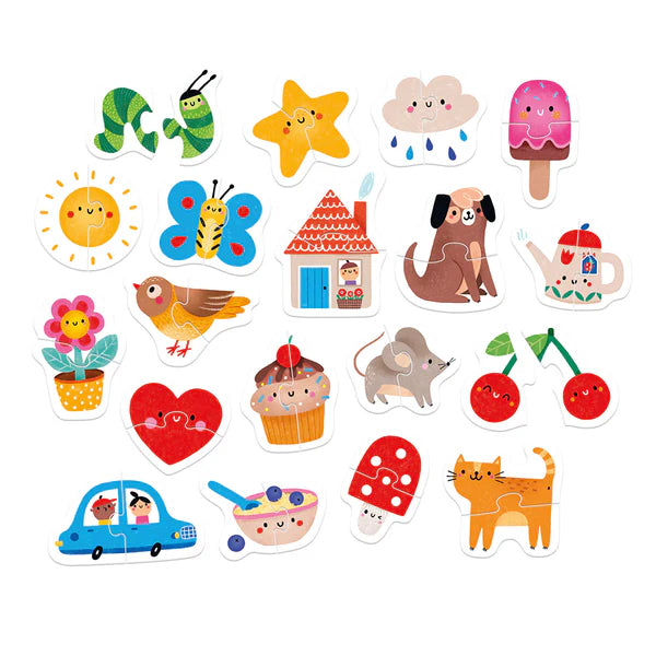 Conjunto de 19 puzzles de duas peças Banana Panda Puzzles Pares Felizes, dispostos individualmente, mostrando as ilustrações de lagarta, estrela, nuvem, gelado, sol, borboleta, casa, cão, bule, flor, pássaro, coração, queque, rato, cerejas, carro, taça de cereais, cogumelo e gato.