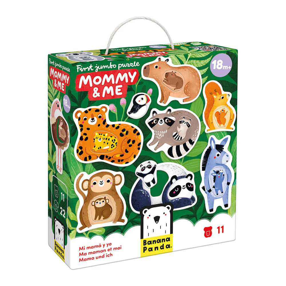 Embalagem do Banana Panda Primeiro Puzzle Jumbo – Mamãs e Bebés, mostrando ilustrações de animais bebés com as suas mães.